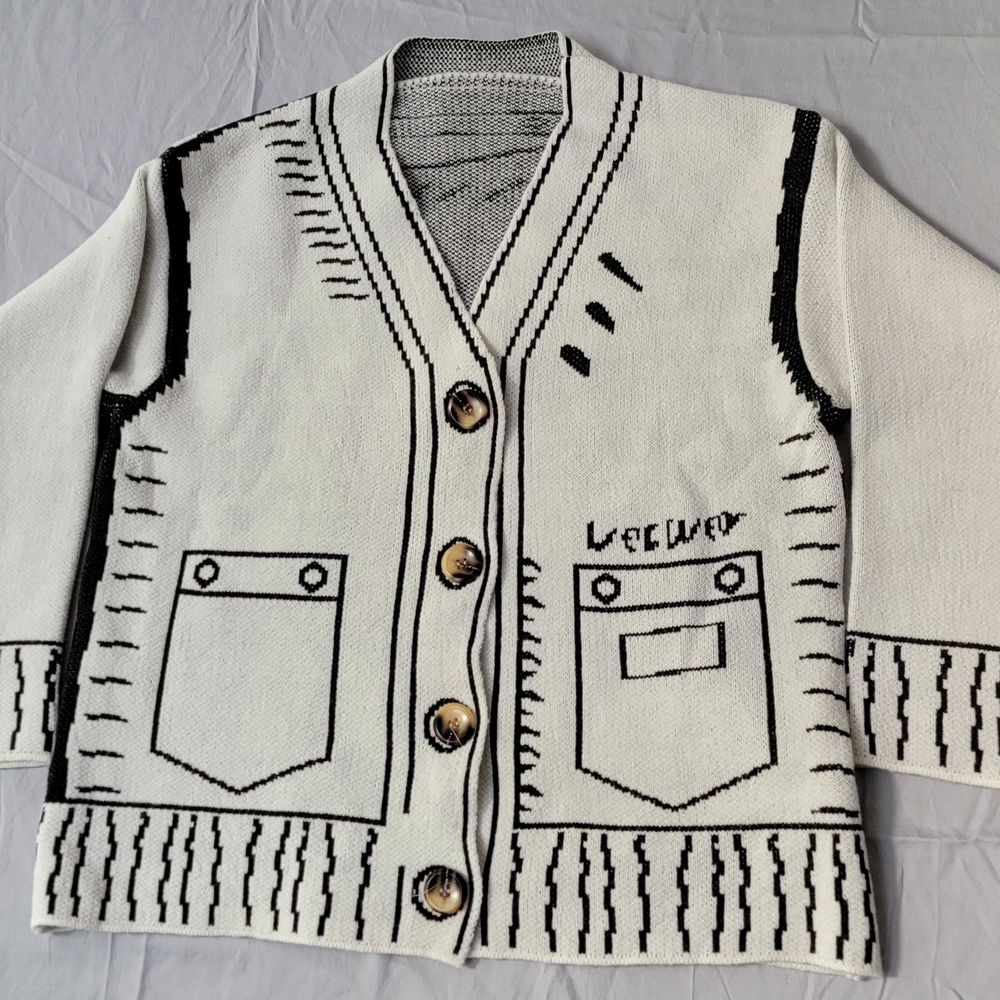Graphic Knit Cardigan Sweater White Black Button V-Neck One Size